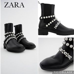 NWT ZARA BLACK PEARL STRAP LOW HEELED LEATHER BOOTS US 7.5 EU 38